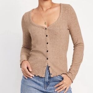 Old Navy Women's Tan Button-Up Pointelle Ribbed Knit Long Sleeve Top Size XXL